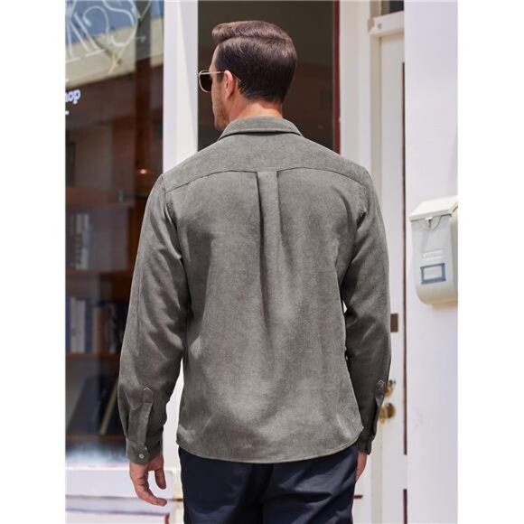 Men's Gray Corduroy Shirt Casual Button Down Polo Jacket Lightweight Shacket - Picture 4 of 5